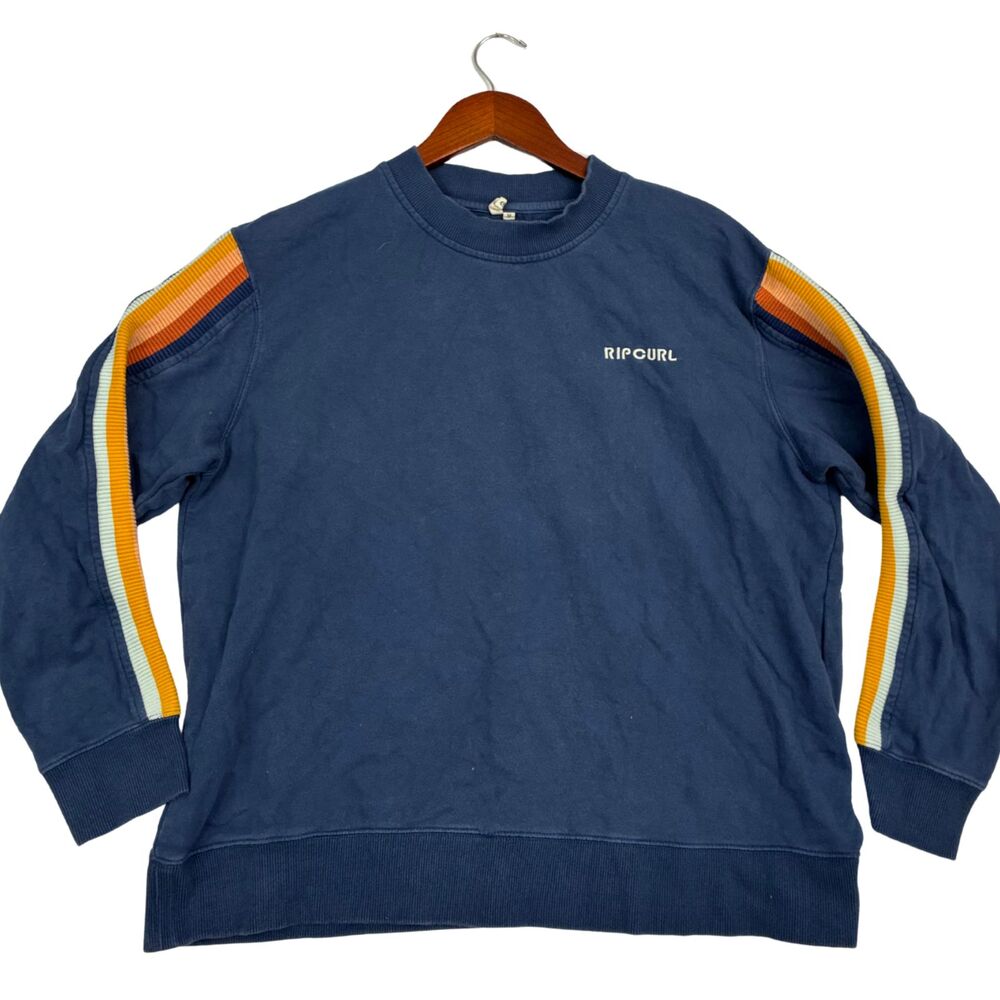 Rip Curl Mens M Blue Crewneck Sweatshirt Retro Stripe Sleeve Surf Pullover